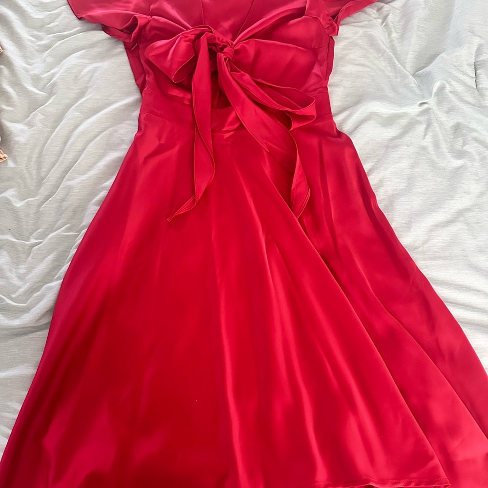 Elegant Tie-Front Red Satin Dress